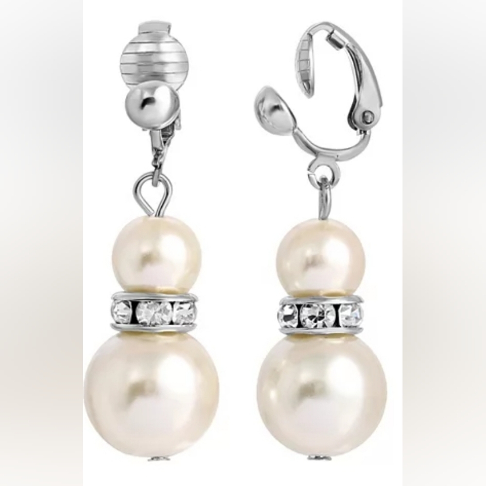 1928 Silver Tone Faux Pearl & Crystal Clip On Earrings